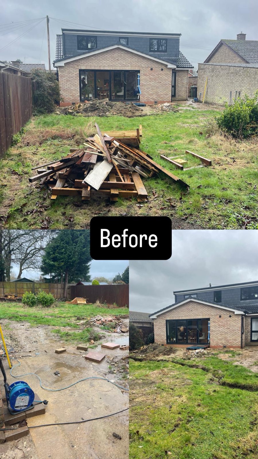 Views of the garden before landscaping, with uneven lawn, debris and unfinished patio
